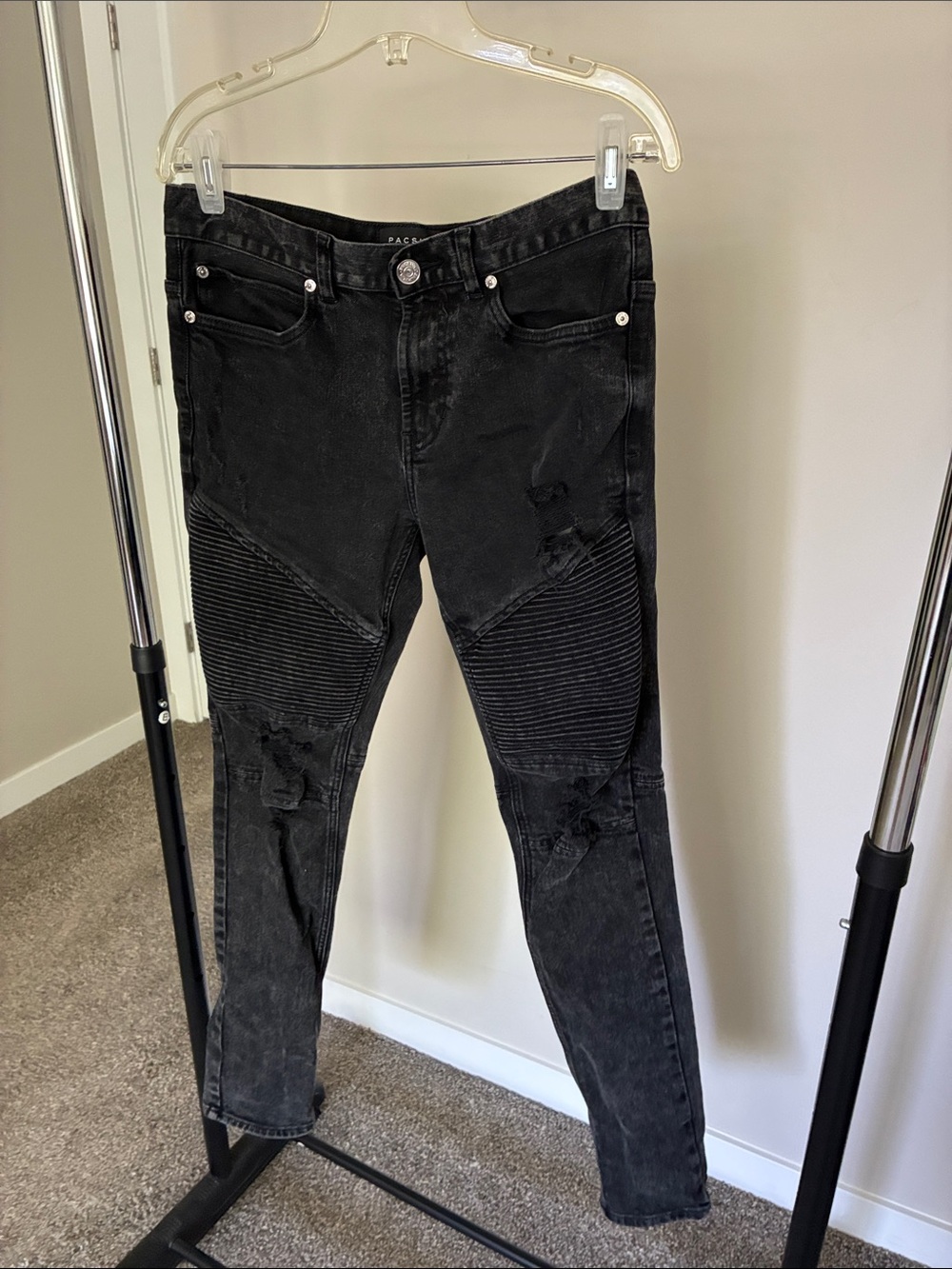 PacSun Black Skinny Moto Jeans with Ribbed Knee Panels and Distressed Details